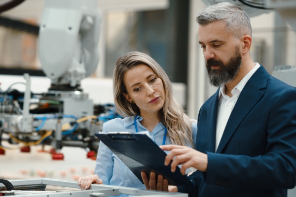 Woman and man reviewing documents.